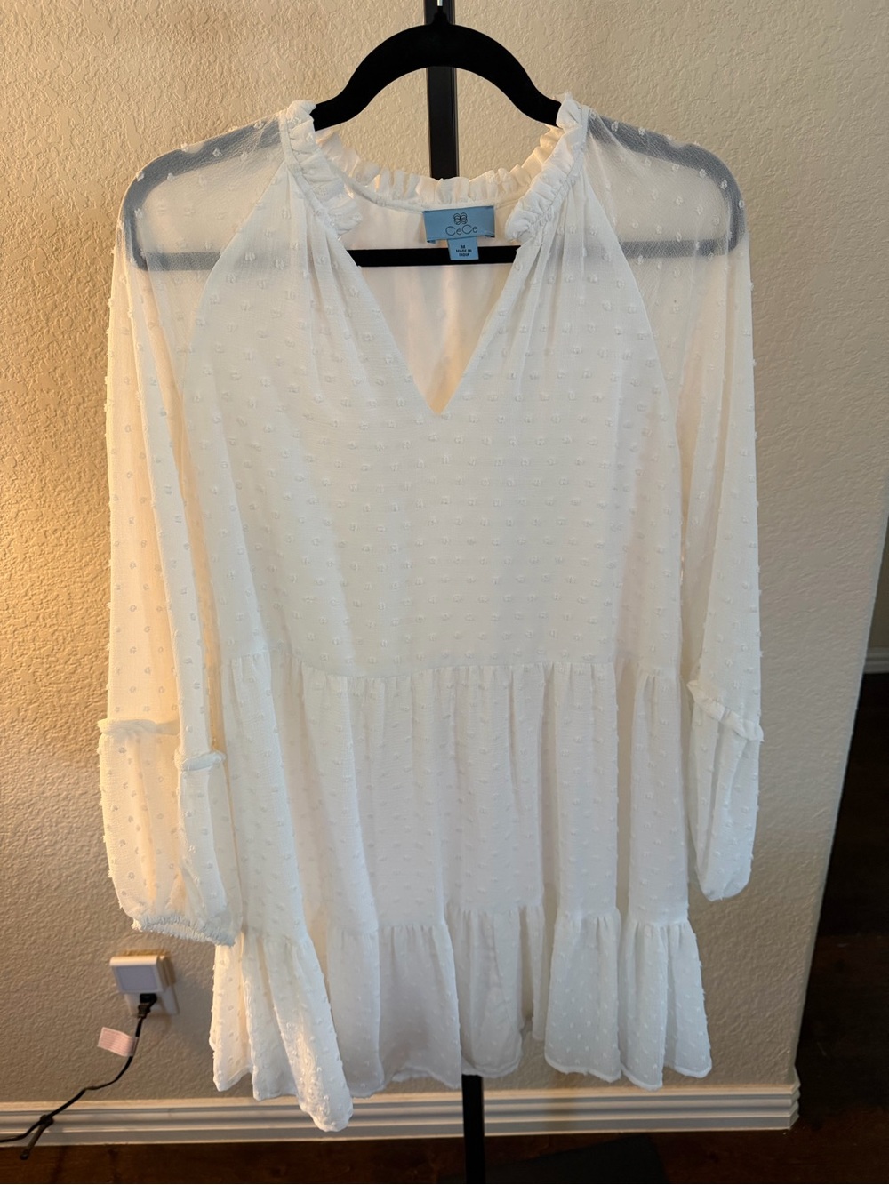CeCe Ivory Swiss Dot Tiered V-Neck Mini Dress
